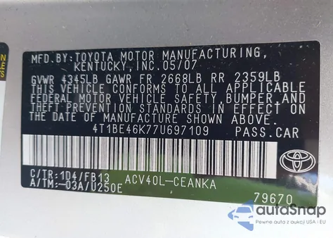 2007 Toyota Camry Ce z USA, uszkodzony, nr VIN 4T1BE46K77U697109